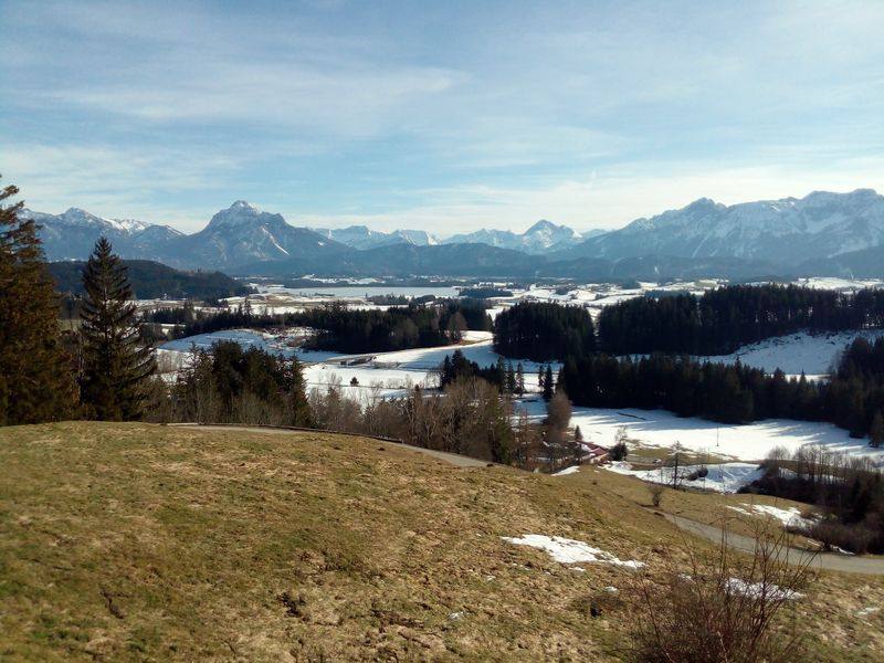 Blick von der Alpe Beichelstein ins Tal. Im Hintergrund die Berge.